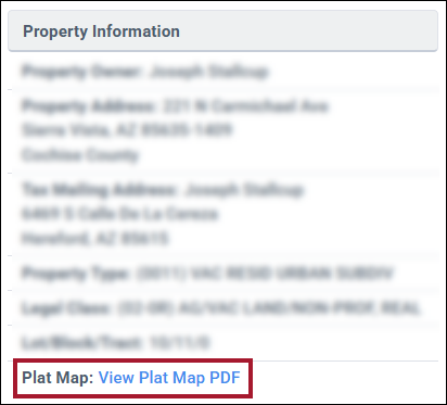 Screenshot example of the Plat Map link for Cochise County in CurbView