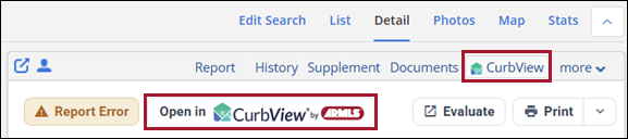 Screenshot example of the Open in CurbView button within the Detail tab of a listing