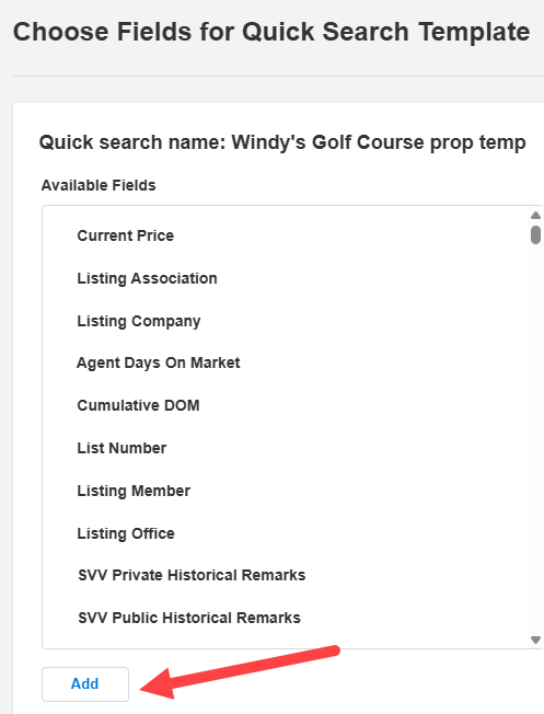 feilds to add for custom quick search template 